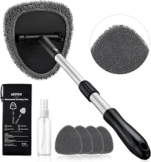 AstroAI 21" Extra-Long Windshield Cleaner Tool &amp; Car Interior Detailing Kit | Extendable Handle, 4 Reusable Microfiber Pads, Streak &amp; Lint-free, Auto Glass Wiper Brush for Car &amp; Home, Gray