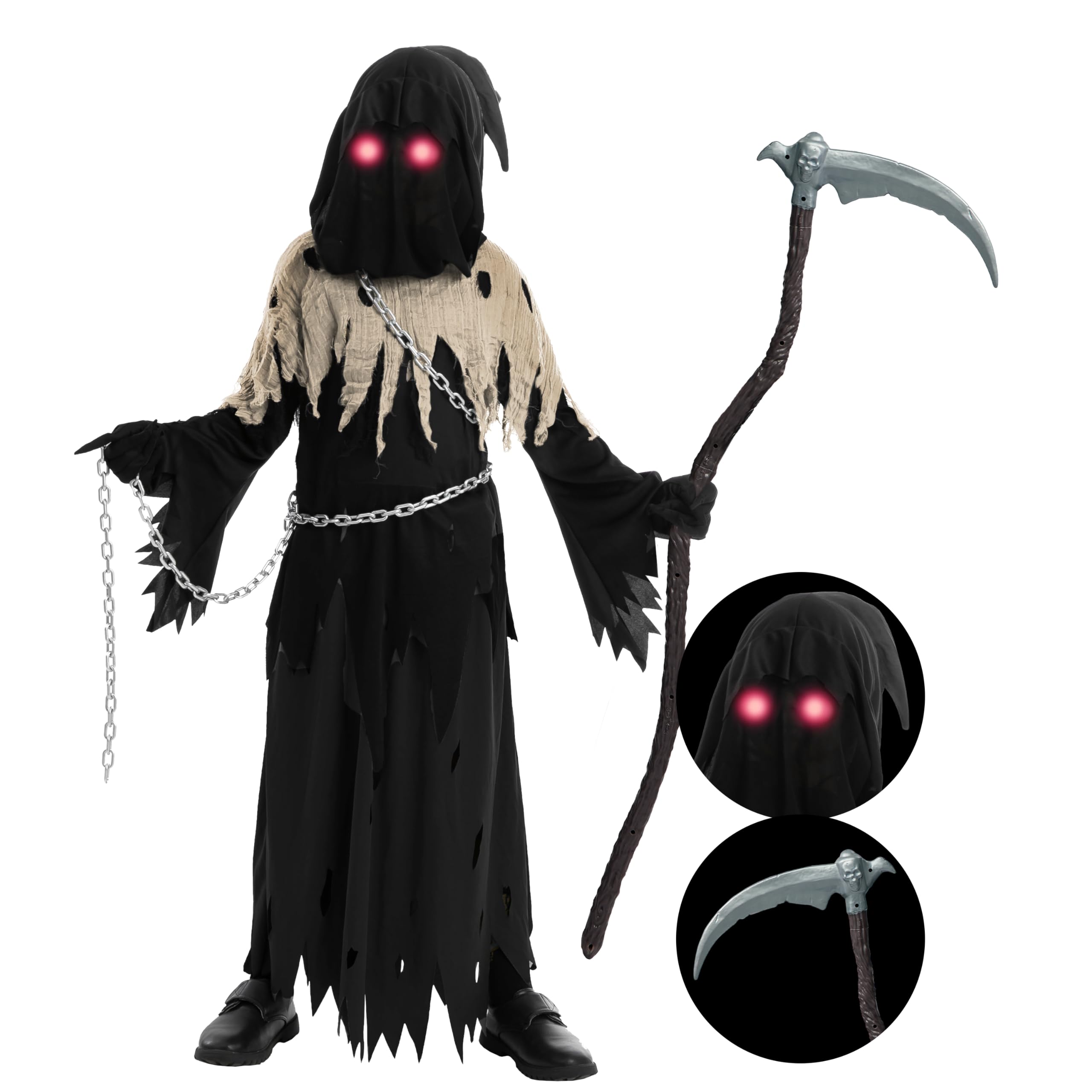 Spooktacular Creations Glowing Eyes Grim Reaper Costume for Kids, Halloween Cost