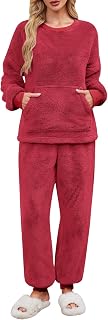 UMIPUBO Women's Pyjamas Winter Fleece Pyjamas Sets Warm Flannel Sleepwear Long Sleeve Top and Trousers with Pockets Soft Chic Loose Fit Sleepwear Loungewear Christmas