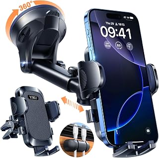 YRU [True Military-Grade & 360° Rotatable Suction] 2026 Ultimate Car Phone Holder Mount【90+LBS Safest Strongest & Patent Certs】 Dashboard Windscreen Vent for iPhone 17 16 Pro Max Samsung, Matte Black