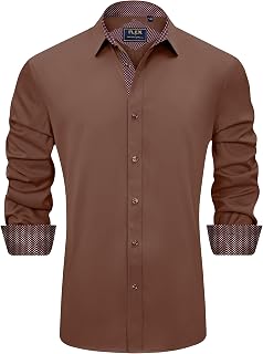 J.VER, Mens Casual Long Sleeve Stretch Wrinkle Free Regular Fit Button Down Shirt Chocolate Brown L
