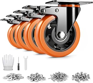 TAYLOON 4 Inch Caster Wheels, Heavy Duty Swivel Casters Set of 4 with Brake Load 2200lbs, Industrial Plate Casters, No Noise Locking Castor Wheels for Furniture, Workbench, Cart(Free Hardware Kit)