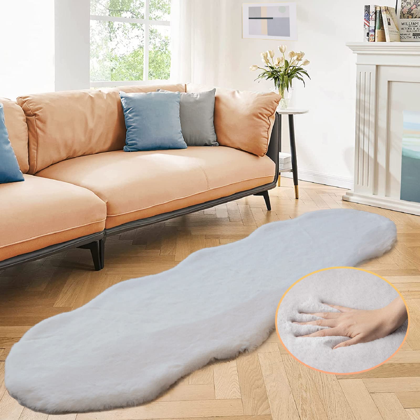 ORINOVA Faux Rabbit Fur Washable Rugs for Bedroom Light Grey Fluffy Rug for Livi