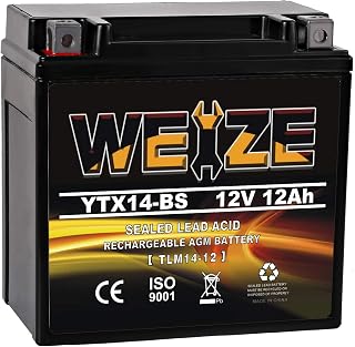 Weize YTX14 BS ATV Battery High Performance - Maintenance Free - Sealed AGM YTX14-BS Motorcycle Battery compatible with Honda Suzuki Kawasaki Yamaha scooter snowmobile