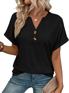 AUTOMET Damen-Frühlings-Oberteile 2026, kurzärmelig, Henley, elegant, lässig, Blusen, V-Ausschnitt, modische Tuniken, trendige, fließende Kleidung