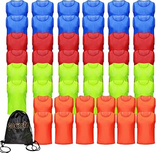 PULUOMASI 12/24/48PCS Pinnies Youth Team Pennies for Sports Kids Adults | Ligthweigth Large Mesh Pinnies Scrimmage Vests for Soccer Basketball Practice Jersey