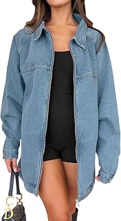 Tankaneo Women Oversized Denim Jackets Casual Zipper Long Sleeve Pocket Jeans Jackets