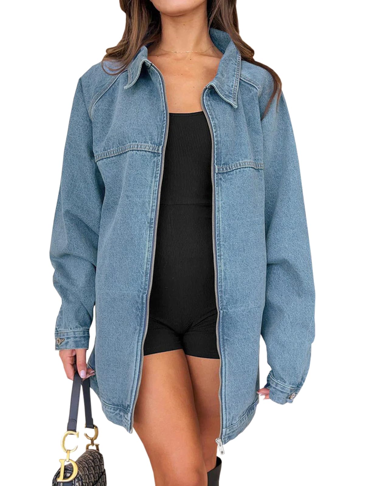 Tankaneo Women Oversized Denim Jackets Casual Zipper Long Sleeve Pocket Jeans Ja