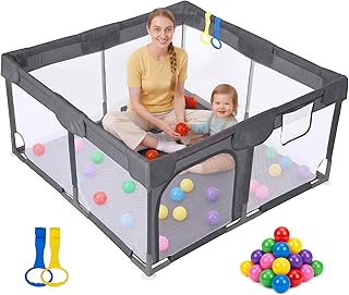 Dripex Small Baby Playpen, 47"x47" Play Pen for Babies, Dark Gray | Included Colorful Balls/ Pull up Rings, Breathable Visible Mesh, Anti-Fall Design, Easy Setup, Indoor/Outdoor Use