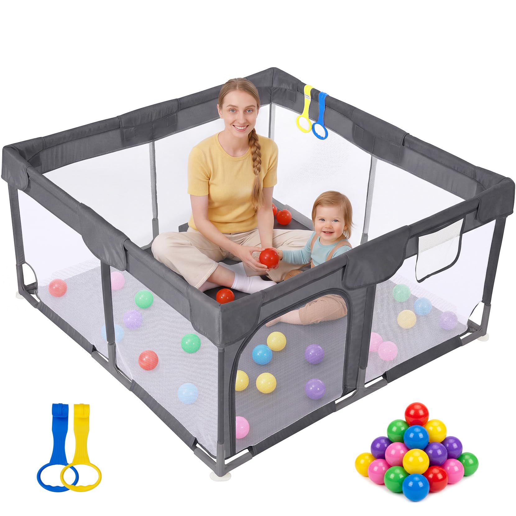Dripex Small Baby Playpen, 47"x47" Play Pen for Babies, Dark Gray | Included Col