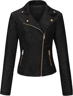 Bellivera Women's Faux Leather Short Jacket Belted Moto Casual Coat with Two Zipper Pockets