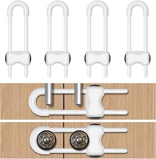 LLOOC Cabinet Locks for Babies,Child Proof Cabinet Locks,4 Pack,White | Adjustable U-Shaped Sliding Baby Proofing Cabinets for Cabinets and Drawers,tool-free use in Kitchen,Bathroom,Living room