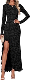 MEROKEETY Women's Fall Wedding Guest Dress Long Sleeve Floral Ruffle Slit Ruched Bodycon Formal Cocktail Party Maxi Dresses