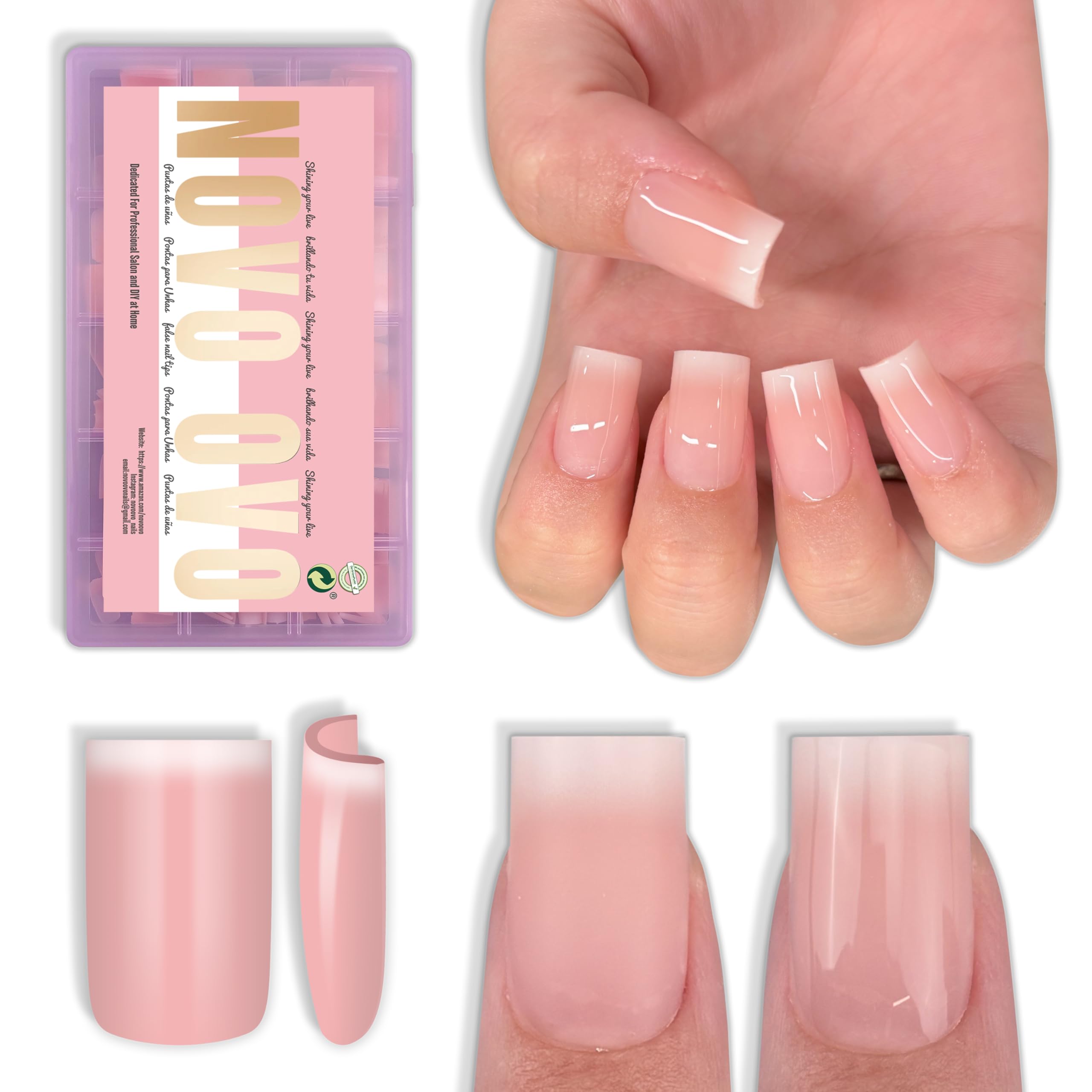 NOVO OVO 240 Pieces Short Square Soft False Nails Baby Pink Nails Needs Builder 
