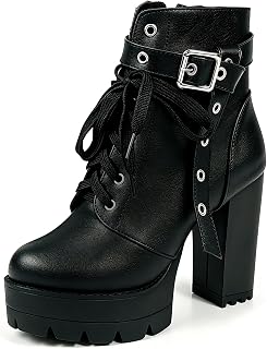 FOREADA Bottines noires à talons hauts pour femme - Bottines de combat à lacets gothiques à talons épais avec fermeture éclair
