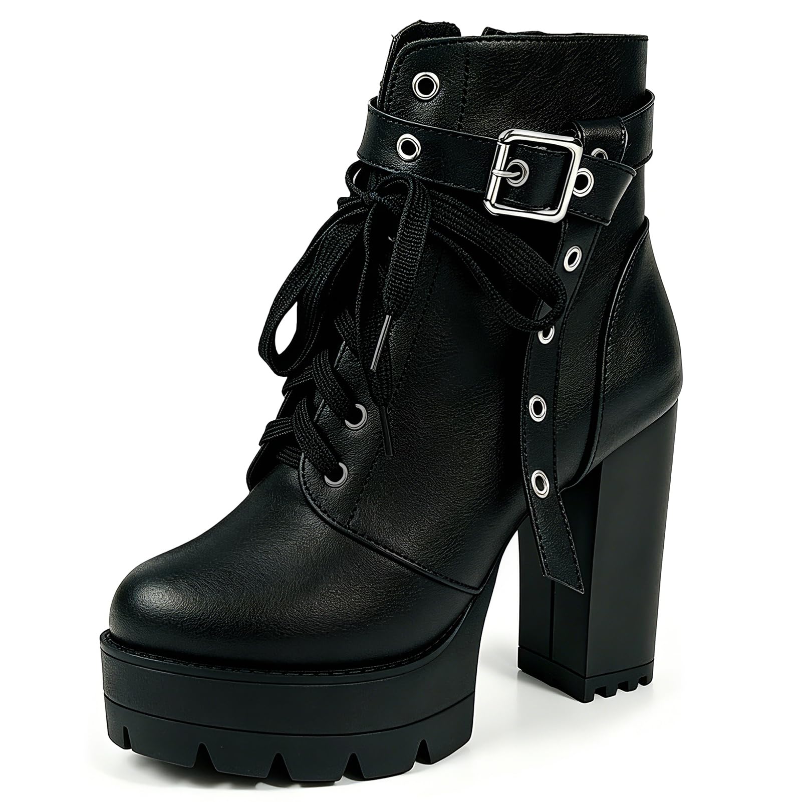 FOREADA Bottines noires à talons hauts pour femme - Bottines de combat à lacets 