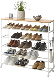 YAMAZAKI 1465 Tower 5-Tier Shoe Rack with Wooden Shelf and Wheels, White, Steel/Wood/Nylon, Minimalist 26 x 90.5 x 87 cm