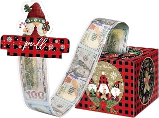 Christmas Money Box for Cash Gift Pull, Money Holder for Kids Adults, DIY Fun Holiday Cash, Surprise Gift Box for Parents, Lovers and Friends, Includes 50Pcs Transparent Bags (Red Black)