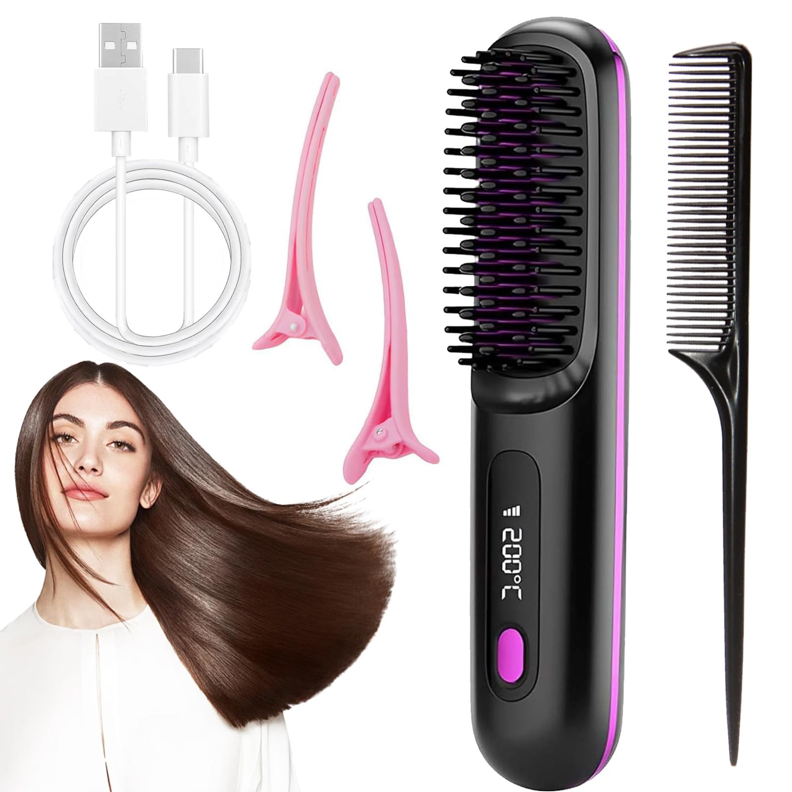 Go Brush Pro 2026 UK, Cordless Ceramic Heated Hair Straightening Comb, 3 Heat Se