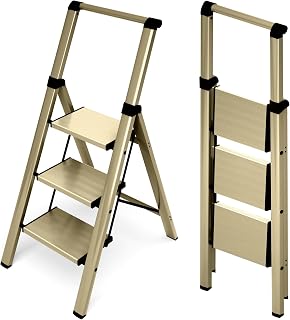 HillhutApex Aluminum 3 Step Ladder, Step Stool Foldable Ladder(Gold) | Stepladder with Handgrip,Anti-Slip Pedals,330lbs Capacity,Lightweight Folding Ladder for Home,Office,Libaray