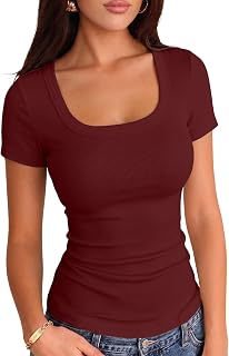VICHYIE Women Square Neck Ribbed Knit Slim Fitted Casual Top