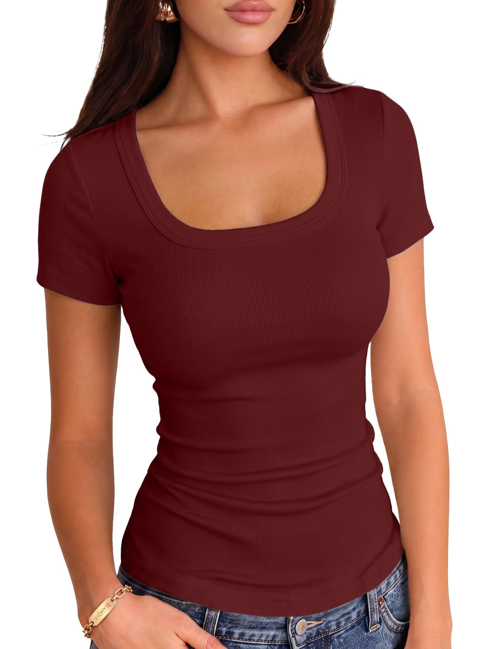 VICHYIE Women Square Neck Ribbed Knit Slim Fitted Casual Top
