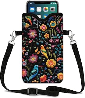 LPQYBSND Neoprene Cell Phone Sleeve Pouch Case Bag, 7.1 x 3.9 in, Shockproof Phone Bag for Men Women with Crossbody Strap Neck Lanyard, Fits Most Phones, Tropical Birds