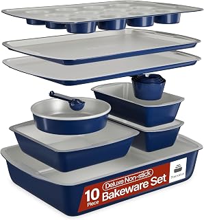 Royal Blue 10-Piece Bakeware Sets, Nonstick Carbon Steel Baking Sheet & Pans, Stackable Space-Saving Bakeware, Dishwasher Safe, Stain-resistant, PFOAPFOSPTFE Free, Oven Safe Up To 450°F (230°C)