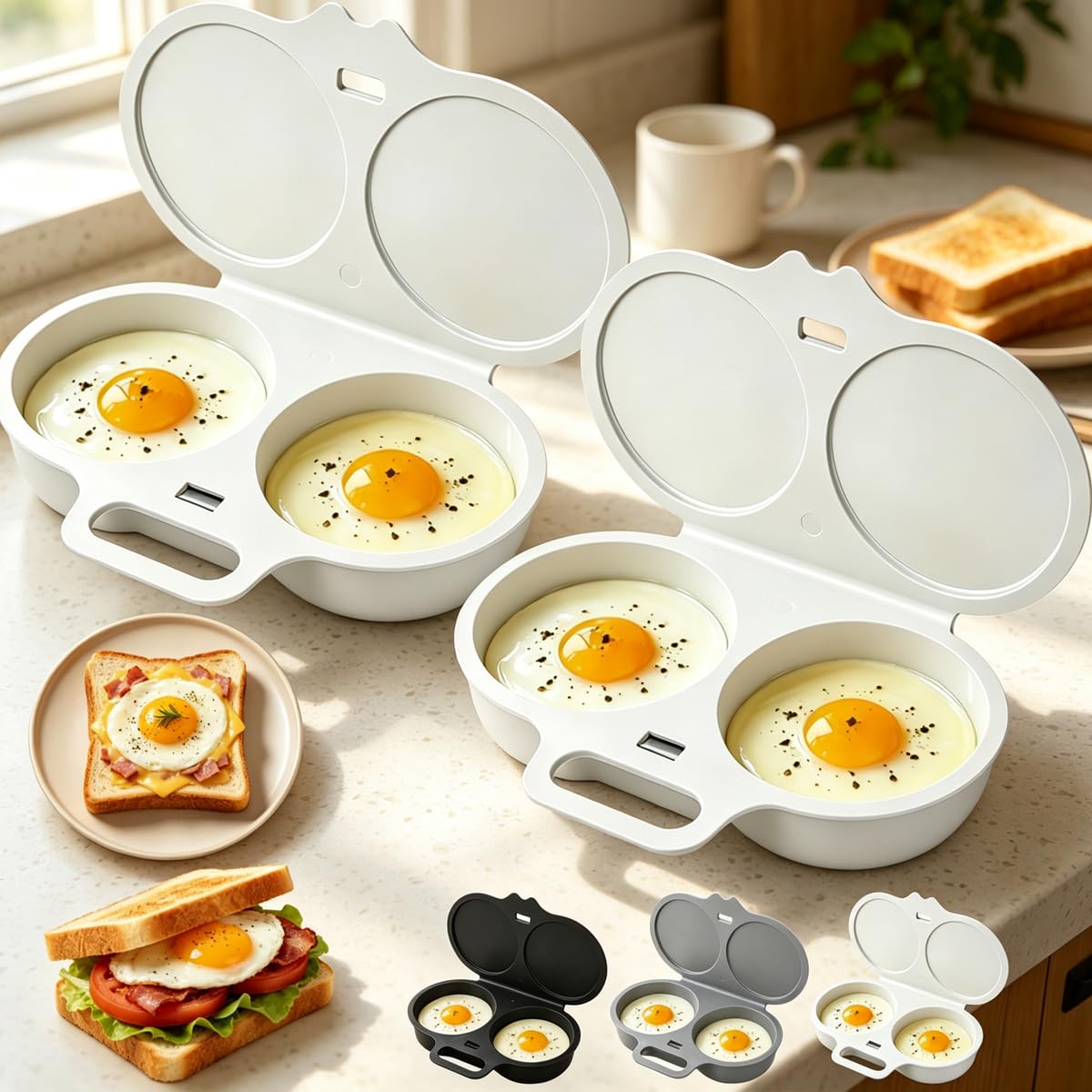 2027 Upgraded Dual Cavity Microwave Egg Poacher With Lid & Handle (White x2)