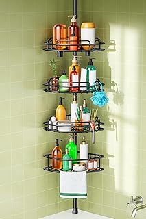 HAMITOR Corner Bathroom Organizer Shelves Tension Pole, Adjustable No-Drill | 47-123 Inch Rod, 4-Tier Large Capacity Shower Caddy, Space-Saving Storage for Family Renters , Floor to Ceiling, Black