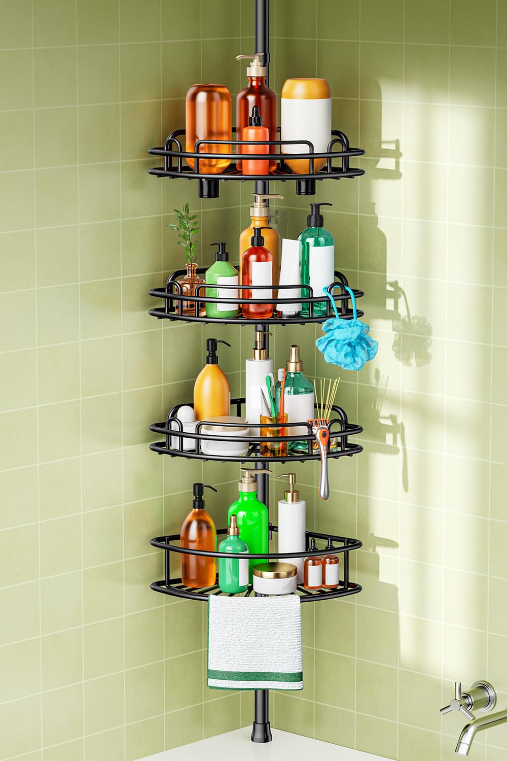HAMITOR Corner Bathroom Organizer Shelves Tension Pole, Adjustable No-Drill | 47