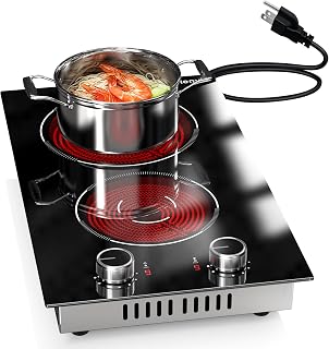 Karienvir 2 Burner Electric Cooktop 110v Knob Control | 2000W Two Burner Electric Cooktop with Plug, 12 Inch Countertop Stove Top & Built in, estufas eléctricas de cocina