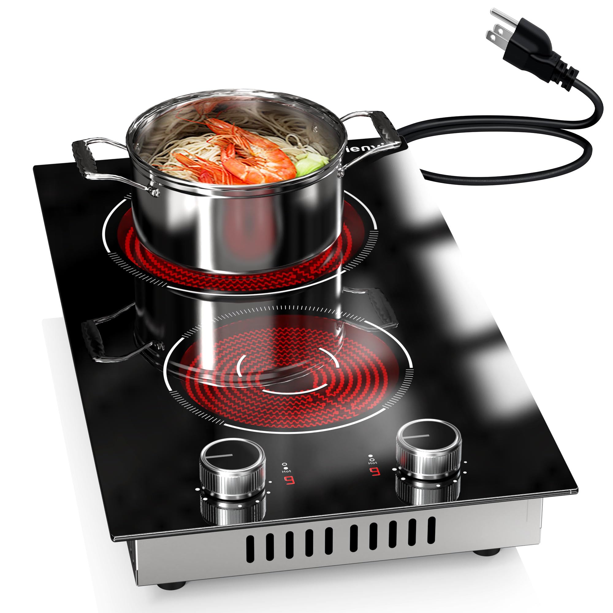 Karienvir 2 Burner Electric Cooktop 110v Knob Control | 2000W Two Burner Electri