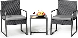 Gizoon 3 Piece Patio Furniture Set | Outdoor Black Wicker Furniture Sets, with Coffee Table, for Yard, Garden, Balcony, Poolside, Cushion-Grey