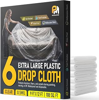 Plastic Drop Cloth for Painting, 9x12 Ft Clear Plastic Sheeting, 6 Pack | Waterproof & Dust-proof & Lightweight Plastic Tarps for Painting Supplies, Floor Furniture Couch Protection Cover