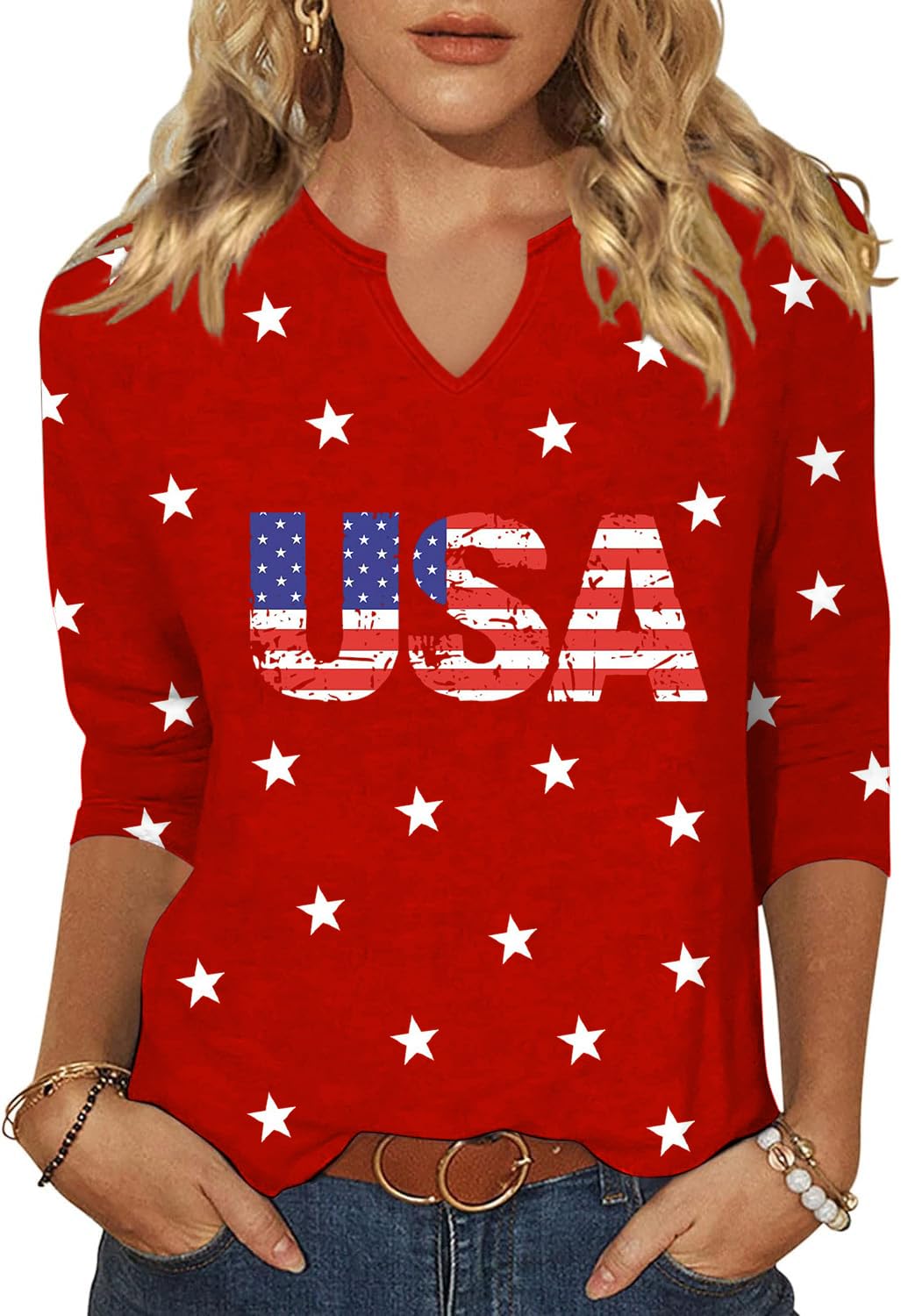 Vircreate Womens 3/4 Sleeve V Neck T-Shirts American Flag Star 4th of July Shirt