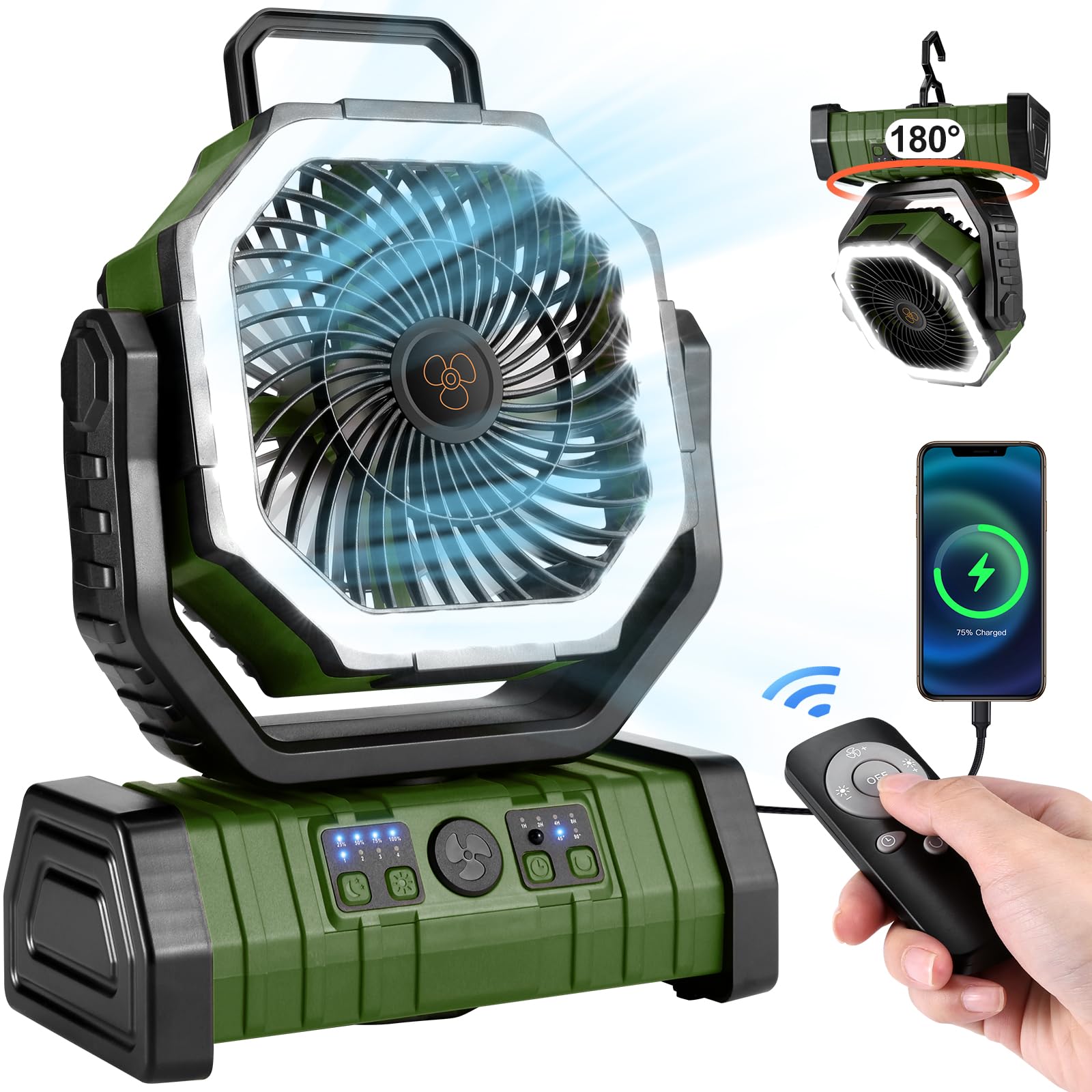Odoland 30000mAh Camping Fan with LED Lantern, Rechargeable Battery Fan | Operat