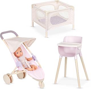 LullaBaby Baby Doll Nursery Playset with 14-Inch Doll, Stroller | Includes playpen, high chair, jogger stroller, and 14-inch baby doll with blue eyes, ruffled outfit, and headband, 2+ Years