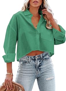 Tankaneo Camicia corta da donna con bottoni, maniche lunghe, casual, con colletto solido, tasca sul petto, Verde, M