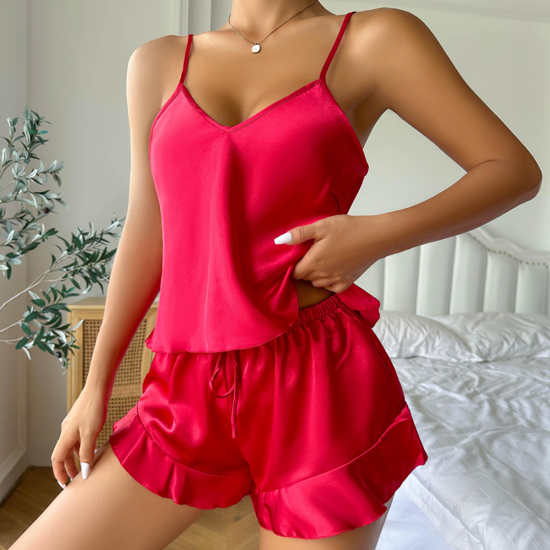 Women Satin Pajamas Lace Sleepwear Lingerie Cami Shorts Set Nightwear