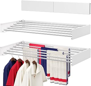 Wall Mounted Drying Rack 100CM, Foldable Laundry Drying Rack with Stainless Steel Rods, Retractable Laundry Space Saver for Indoor & Outdoor Use, Include Wall Template