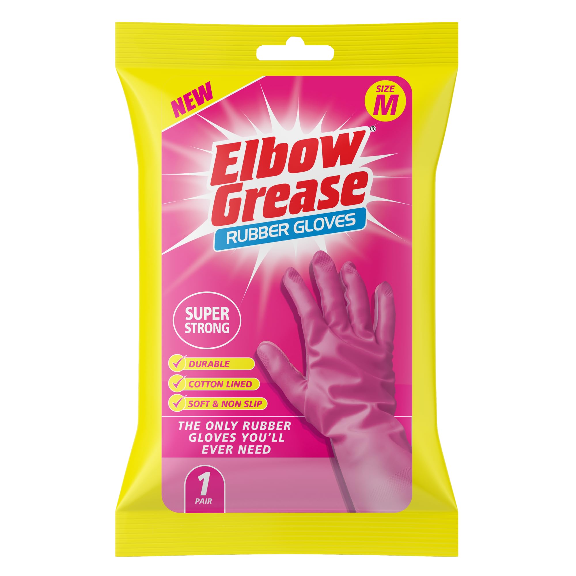 Elbow Grease Pink Rubber Gloves | Super Strong (Medium - 1 Pack) | Flocked Cotto