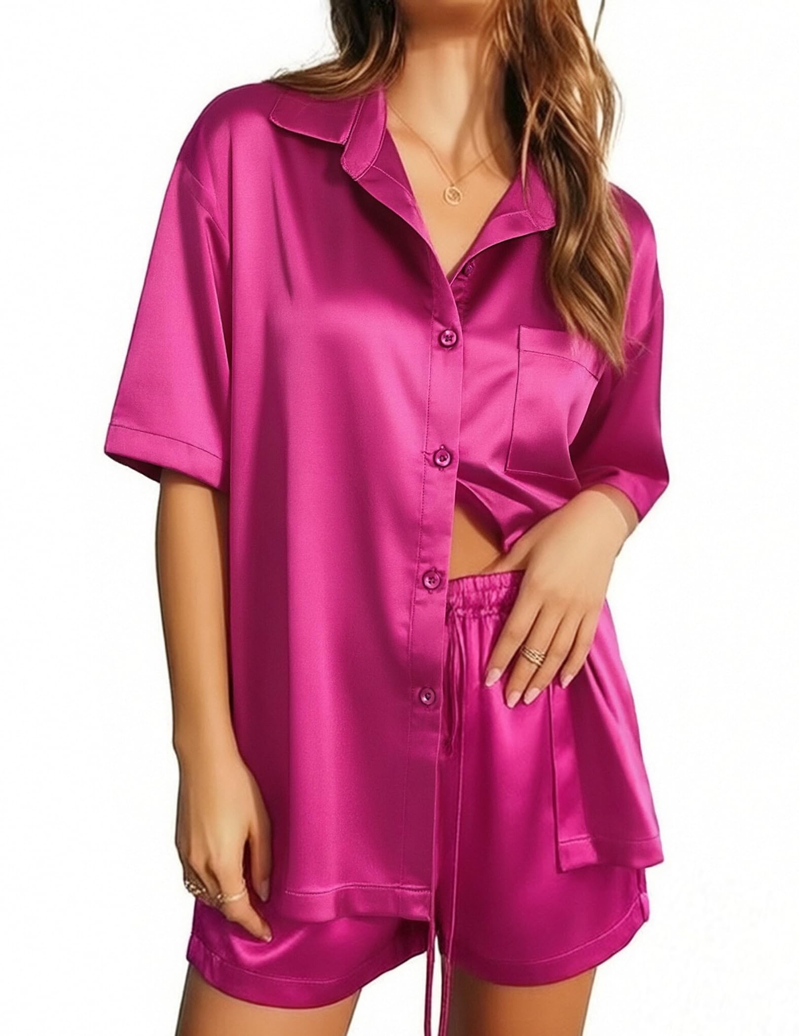 Ekouaer Women's Pyjamas Silk Soft Sleepwear Short Sleeve Button-Down Pjs, Satin 