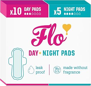 Flo Bamboo Period Pads - 10 Day & 5 Night | Winged Day & Night Combo Pack, Super Absorbent, Breathable, Silky Soft Sanitary Towels, 15 Count