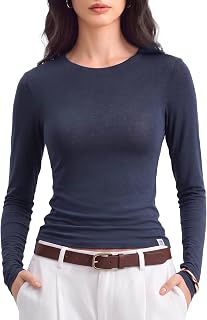 Women's Merino Wool Blend Shirts Long Sleeve Tops Crew Neck Fitted Basic Tee Cozy Embrace Collection