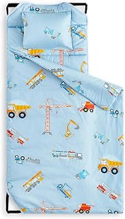 Wake In Cloud - Cot Nap Mat with Pillow and Blanket, 100% Cotton Fabric, for Toddler Kids Boys Ages 3 Plus in Daycare Kindergarten Preschool with Elastic Corner Straps, Cars Cranes Trucks