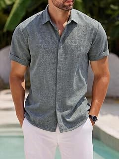 Mens Button Down Short Sleeve Shirt V Neck Casual Solid Color Summer