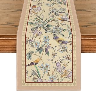 Beige Table Runner with Flower Birds in Bloom Spring Seasonal Decor for Kitchen Dining Room Home Party Decoration,13x72 Inch