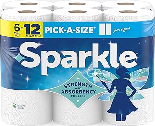 Sparkle Pick-A-Size Kitchen Paper Towels, 6 Double Rolls, 660 Sheets | Strong 2 ply paper towels for kitchen cleanup and everyday messes, high absorbency for soaking up spills and wiping surfaces