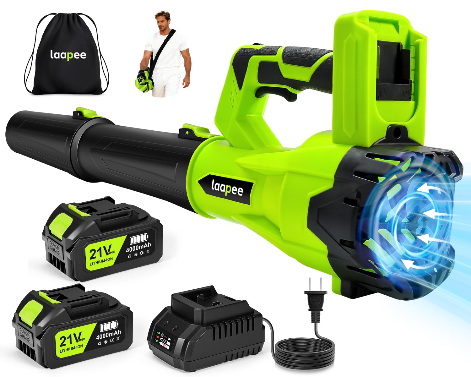 Leaf Blower Cordless 650CFM with 2x4.0Ah Battery & Fast Charger, Lime Green | El